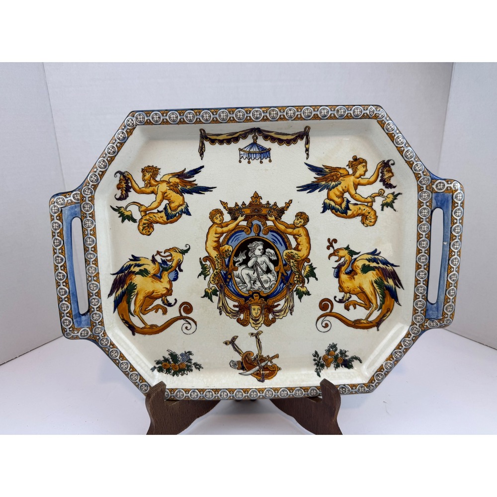 Antique Gien French Faience Renaissance Tray 1870s Handled Platter - As Is - Picture 2 of 11